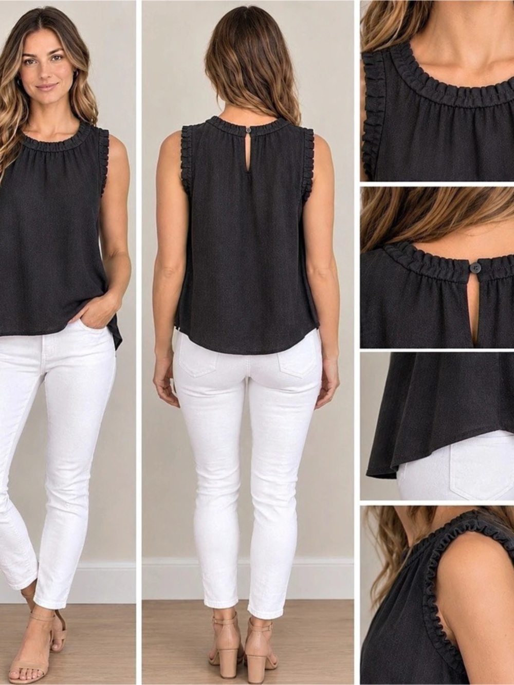 LOFT Ruffled Neck Sleeveless Blouse in Black Like New